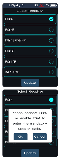 Select Receiver screens listing FGr4, FGr4B, FGr4S/FGr4P, FTr4, FTr10, FGr12B, INr4-GYB with the Update button, and the prompt "Please connect FGr4 or enable FGr4 to enter the mandatory update mode" with OK and Cancel