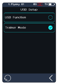 USB Setup screen with USB Function (selected) and Trainer Mode