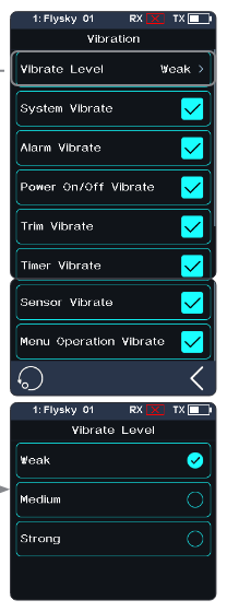 Vibration screen with Vibrate Level Weak, System Vibrate, Alarm Vibrate, Power On/Off Vibrate, Trim Vibrate, Timer Vibrate, Sensor Vibrate, Menu Operation Vibrate check boxes, and the Vibrate Level list Weak, Medium, Strong