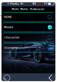 Main Menu Wallpaper list NONE, Model (selected), Character, Scenery with the car wallpaper behind it