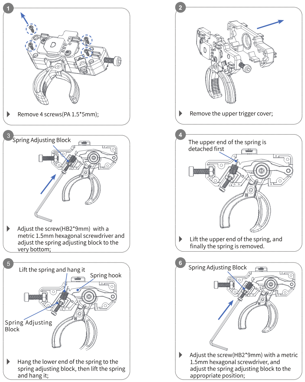 Steps 1 to 6: remove the 4 screws; remove the upper trigger cover; adjust the spring adjusting block to the very bottom; lift the upper end of the spring and remove it; hang the lower end of the new spring to the spring adjusting block and hang the upper end on the spring hook; adjust the spring adjusting block to the appropriate position