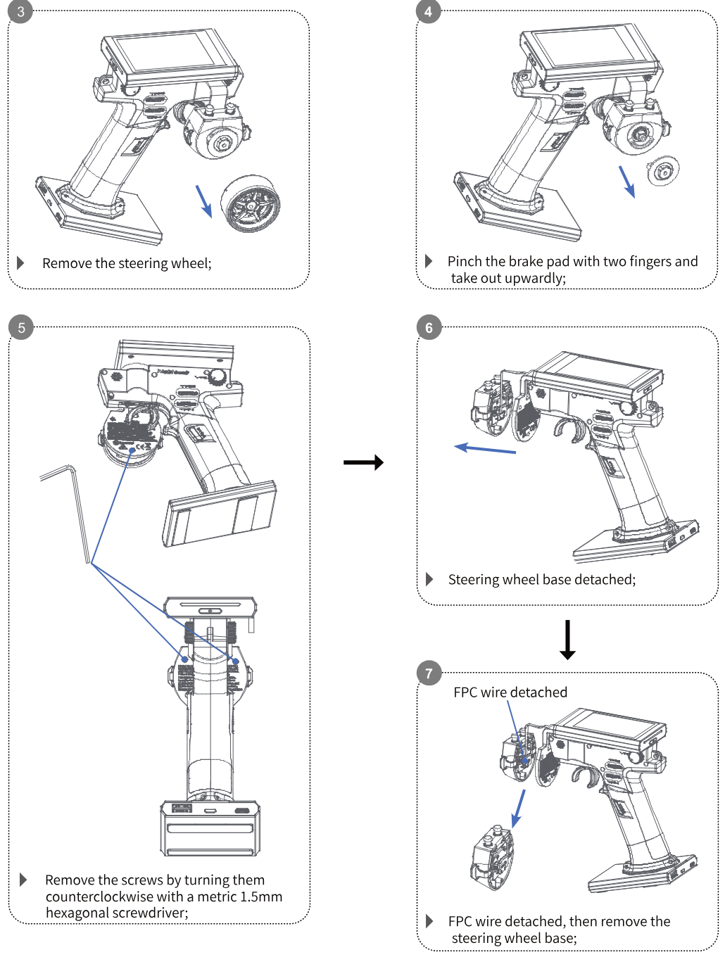 Steps 3 to 7: remove the steering wheel; pinch the brake pad with two fingers and take it out upwards; remove the screws with a metric 1.5mm hexagonal screwdriver; the steering wheel base is detached; detach the FPC wire and remove the steering wheel base