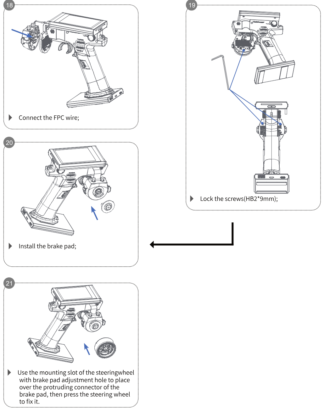 Steps 18 to 21: connect the FPC wire; lock the screws; install the brake pad; place the mounting slot of the steering wheel over the protruding connector of the brake pad and press the steering wheel to fix it