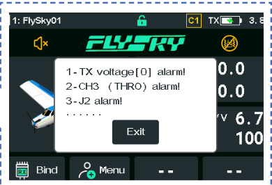 Alarmfenster auf dem Hauptbildschirm mit TX voltage [0] alarm, CH3 (THRO) alarm und J2 alarm sowie der Schaltfläche Exit