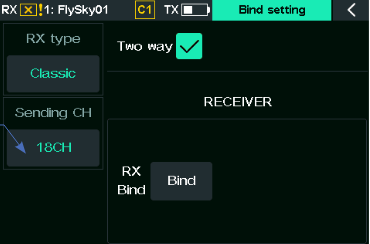 Bildschirm Bind setting für einen Classic-Empfänger: RX type Classic, Sending CH 18CH, Kontrollkästchen Two way und Schaltfläche Bind