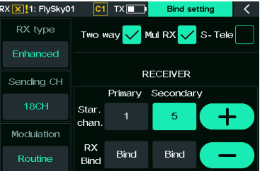 Bildschirm Bind setting mit aktiviertem Two way und Mul RX, aber ohne S-Tele; Startkanal sekundär 5