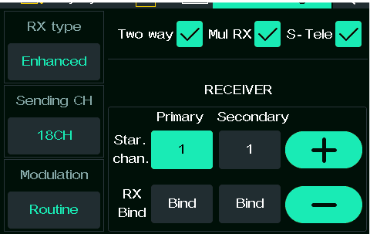 Bildschirm Bind setting mit aktiviertem Two way, Mul RX und S-Tele und beiden Startkanälen auf 1
