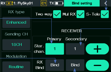 Bildschirm Bind setting mit aktivierten Kontrollkästchen Two way, Mul RX und S-Tele, einem primären und einem sekundären Empfänger mit jeweils Startkanal und Schaltfläche Bind
