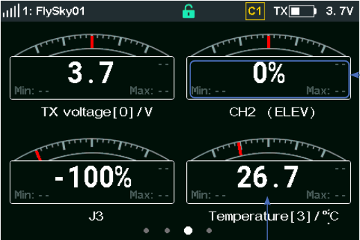 Rechter Hauptbildschirm 1 nach dem Festlegen der Aufzeichnungsobjekte: TX voltage [0], CH2 (ELEV), J3 und Temperature [3]