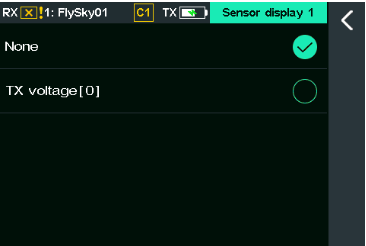Einstellungen von Sensor display 1 mit den Optionen None und TX voltage [0]