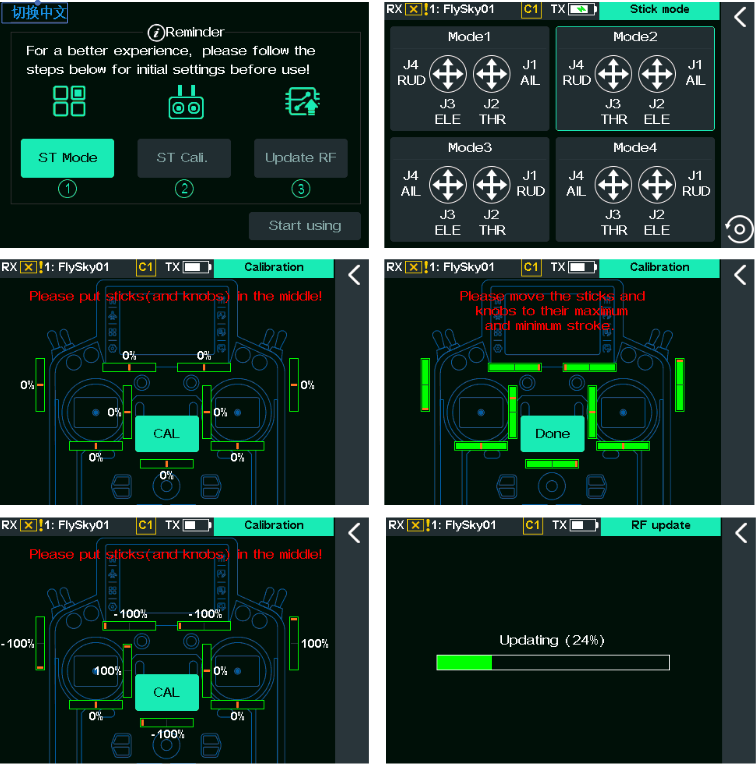 Der Einschaltassistent: Hinweisbildschirm mit ST Mode, ST Cali. und Update RF, der Bildschirm Stick mode, die beiden Kalibrierbildschirme und der Fortschritt des HF-Updates
